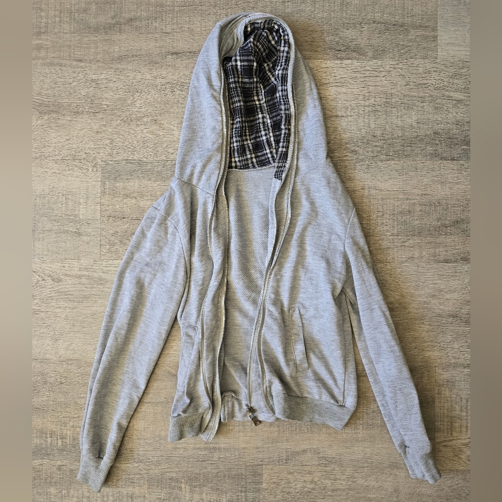 Gray Crop Plaid Hoodie Jacket